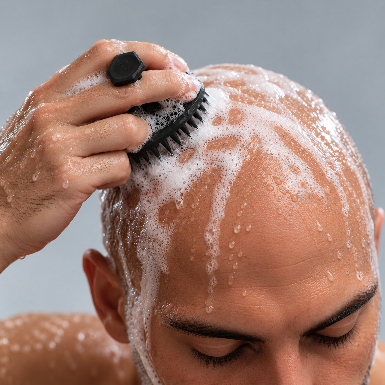 A man massaging The Bald Guy Scalp Cleansing Brush with foaming cleanser into his bald scalp