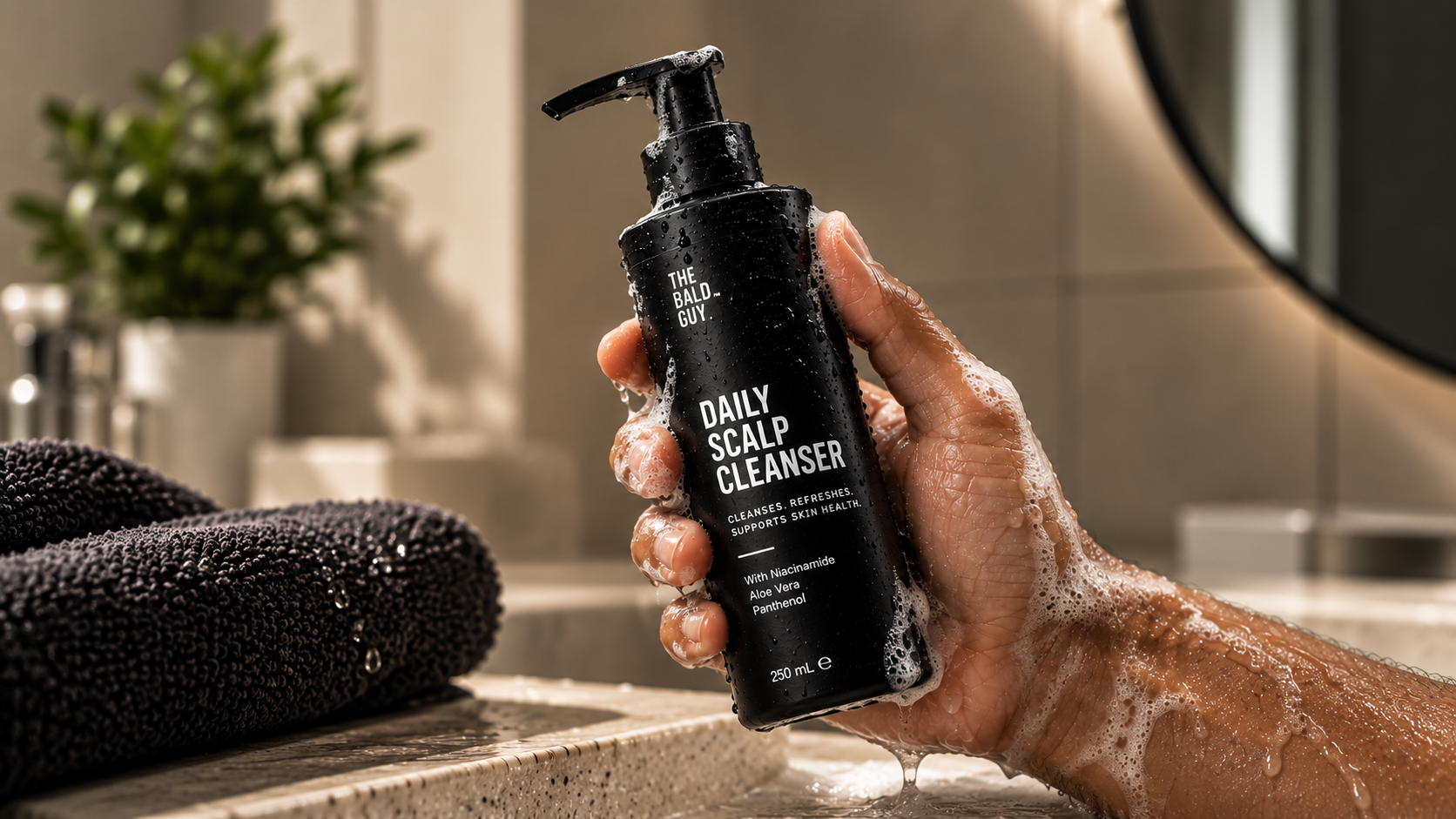 A soap-covered hand holding The Bald Guy daily scalp cleanser bottle at the bathroom sink