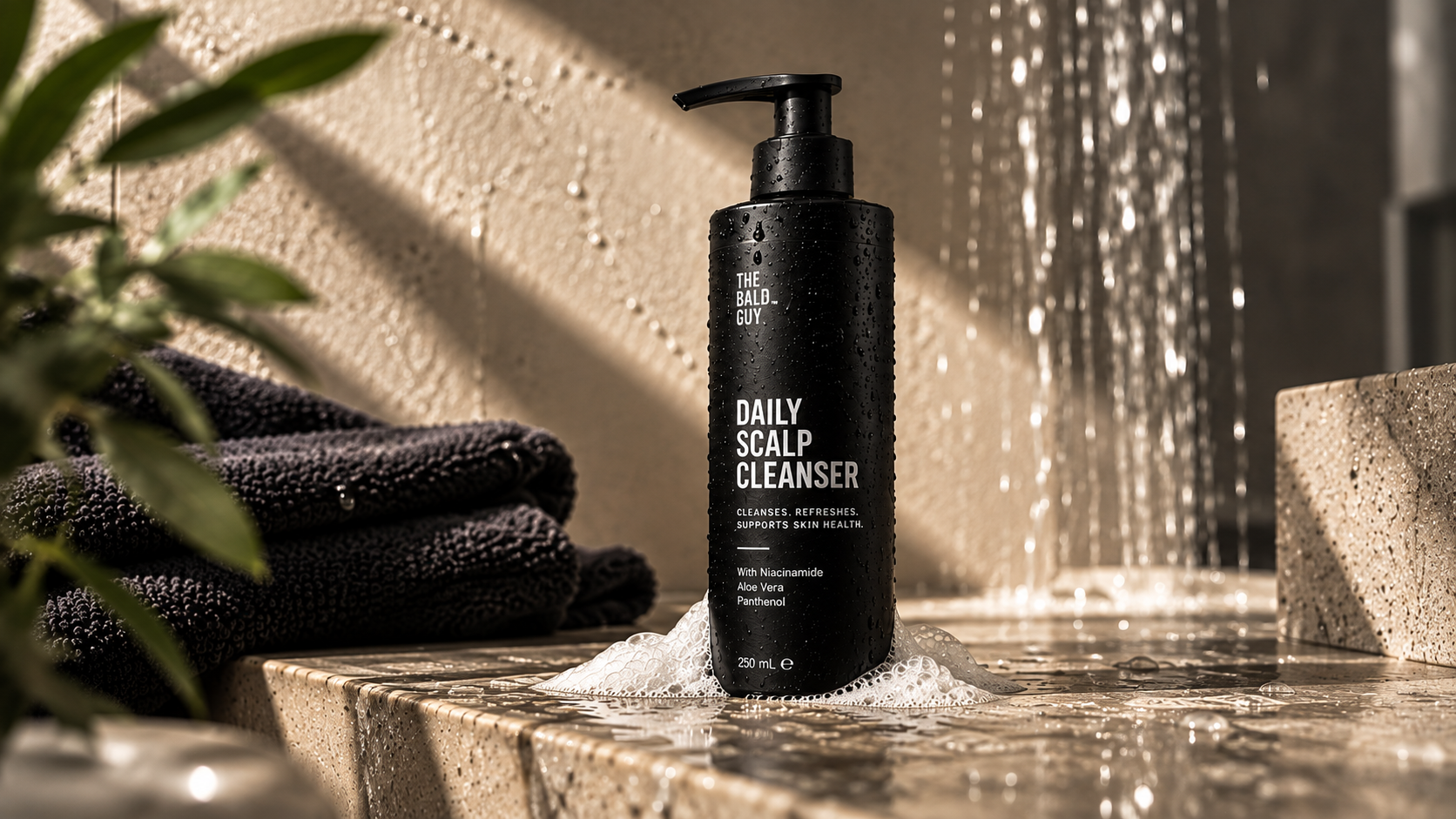 The Bald Guy 01 Clean daily scalp cleanser pump bottle standing on a shower ledge, surrounded by warm light, running water and foam