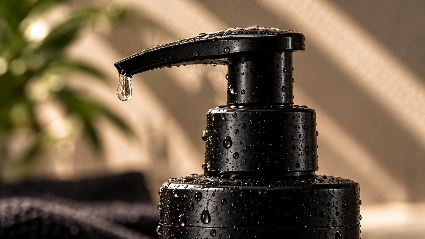 Close-up of the matte black pump dispenser on The Bald Guy daily scalp cleanser bottle