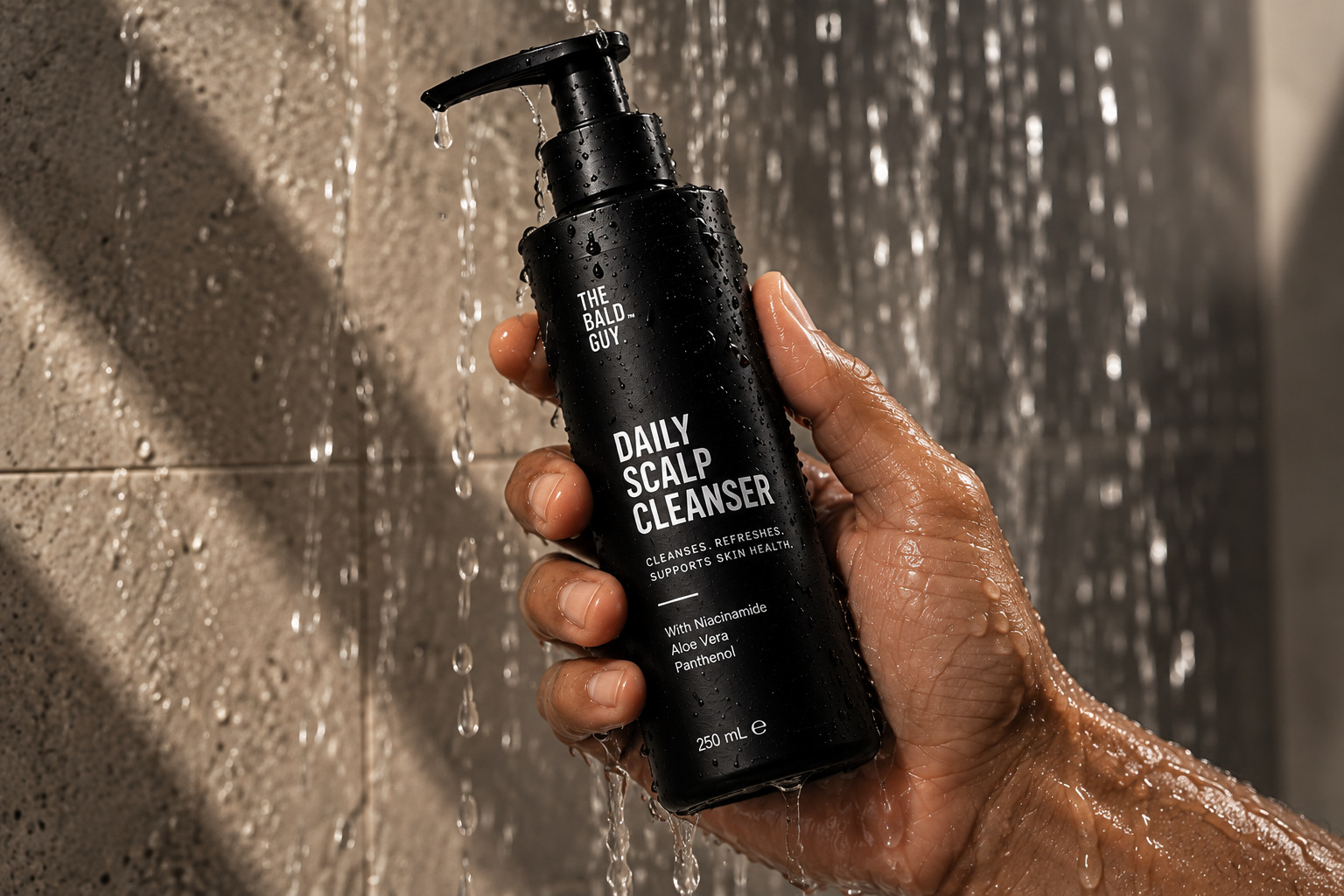 A hand holding The Bald Guy daily scalp cleanser under running shower water